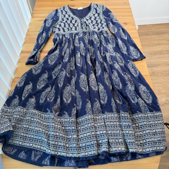 Anokhi Blue Paisley Midi Dress Long Sleeve A line 100% Cotton India Modest S - Picture 2 of 9